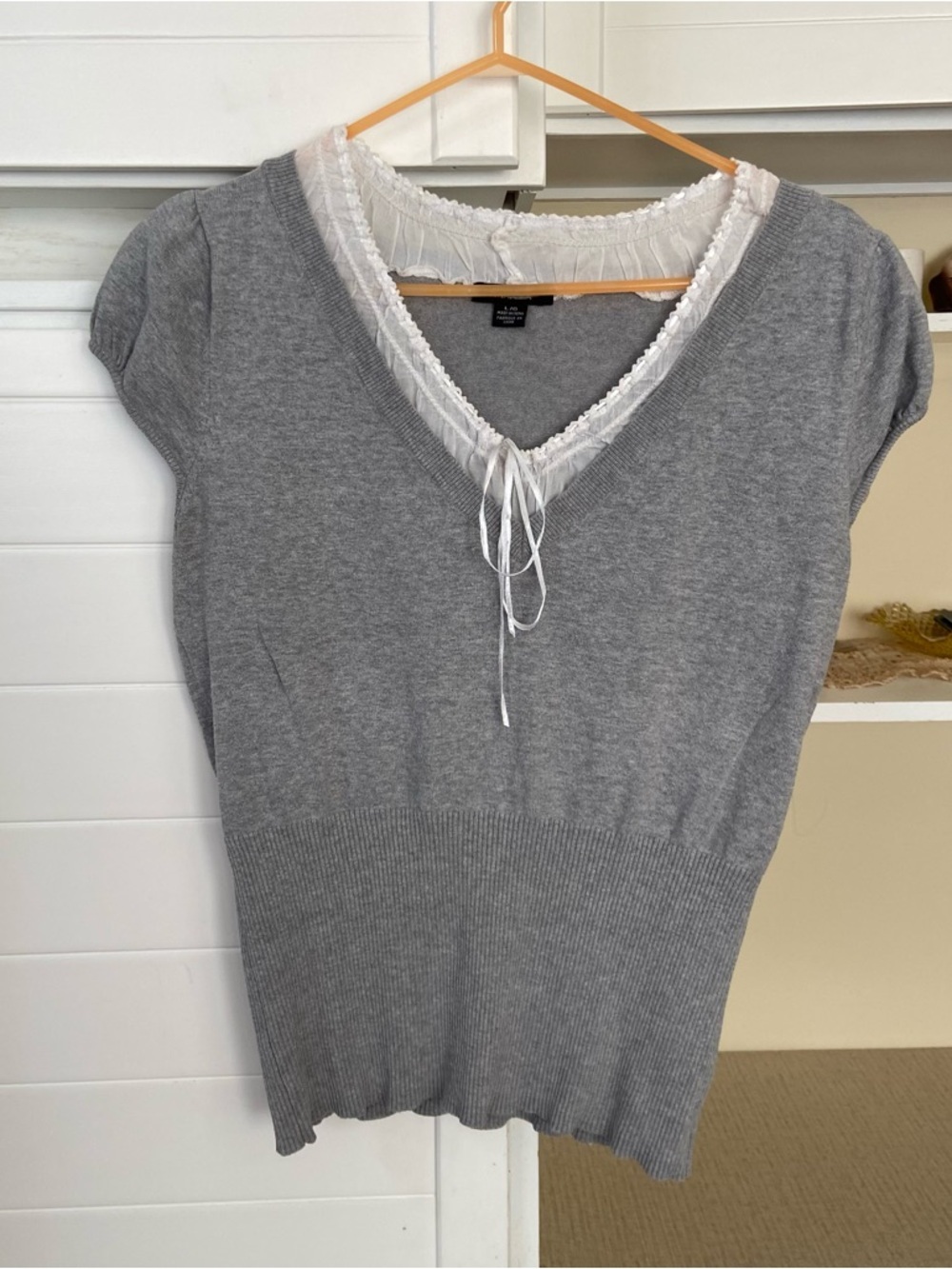 Gray V-Neck Knit Top with White Lace Trim